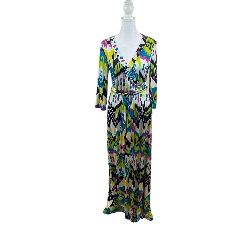 Janette Fashion V Neck Long‎ Sleeve Print Maxi Dress Size Medium